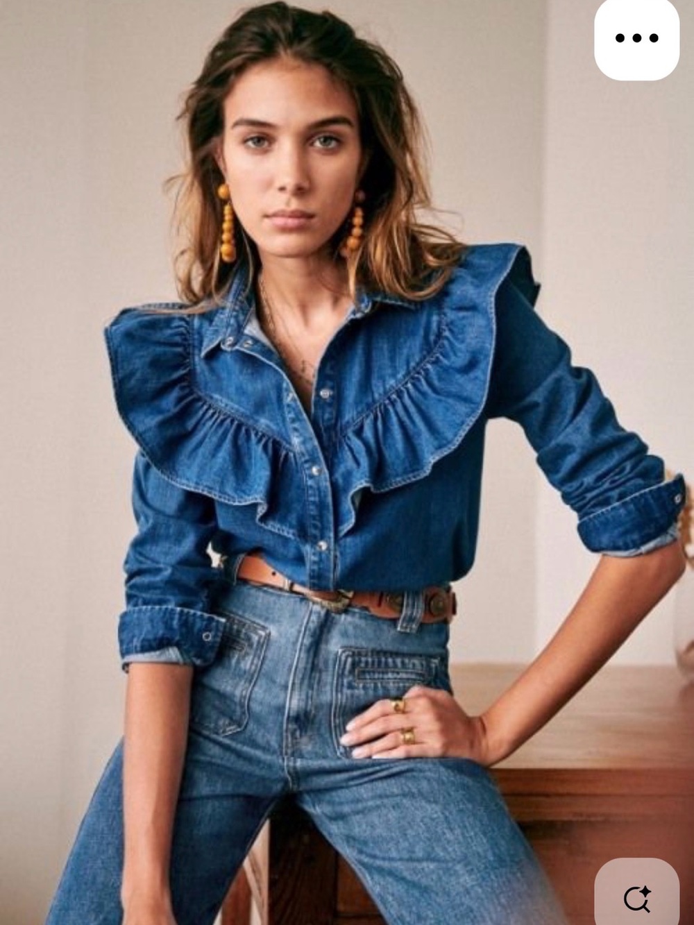 Sezane Matty Denim Ruffle Button-Down Shirt